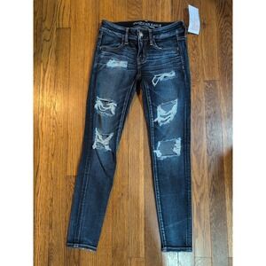 American Eagle AEO Womens Super Stretch Jeans distress super low skinny 2 SHORT